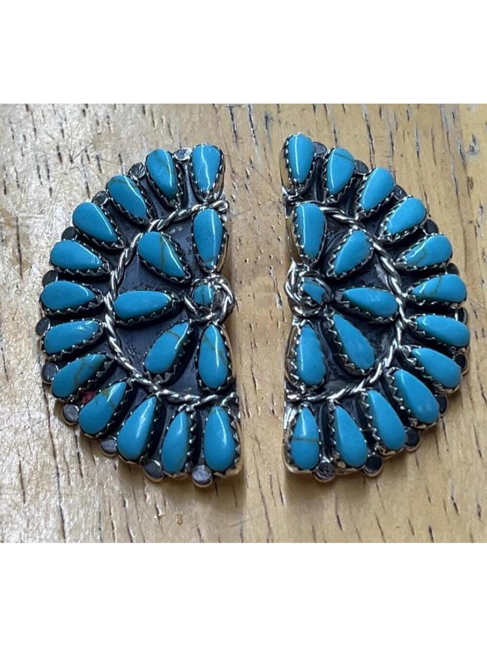 Navajo sterling silver turquoise cluster oval traditional earrings -Mathilda